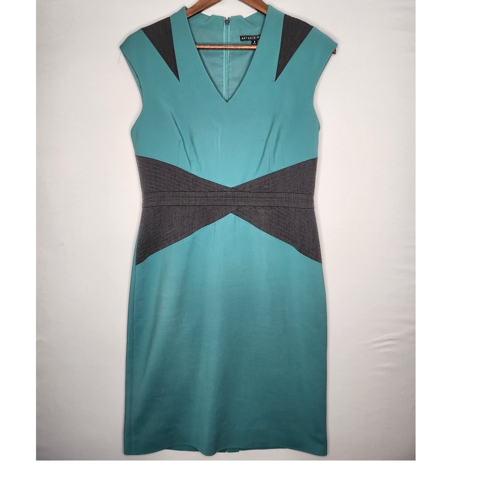 Antonio Melani V-Neck Carden Seamed Waist‎ Pencil Dress 8 Green/Gray tailored